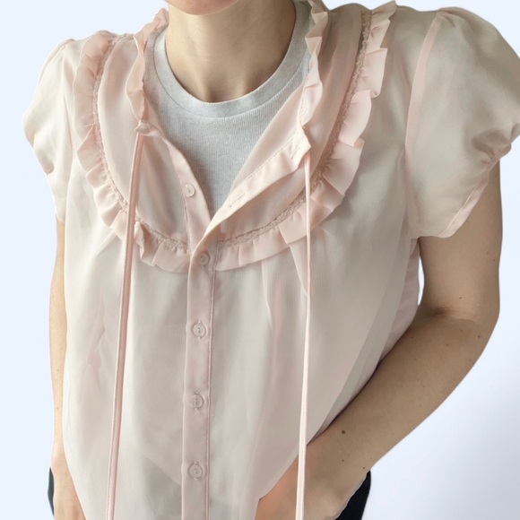 Y2K Forever 21 Womens Pink Ruffle Sheer Puff Sleeve Coquette Babydoll Large - Picture 2 of 7